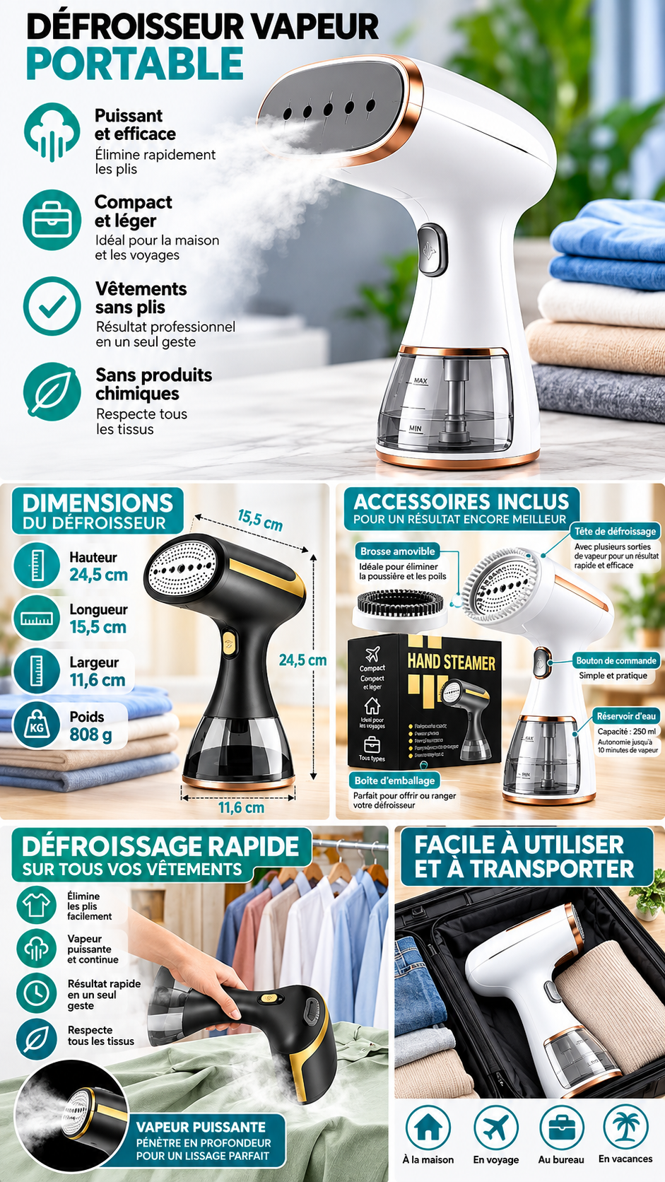 Défroisseur Vapeur Portable-Compact & Puissant