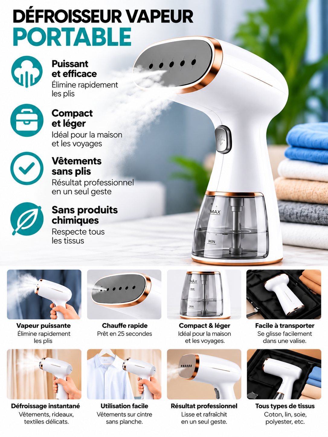 Défroisseur Vapeur Portable-Compact & Puissant